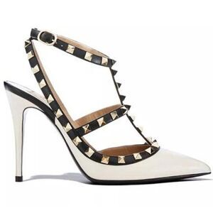 VALENTINO GARAVANI White Leather Caged Rockstud Pointed Toe Sanda…